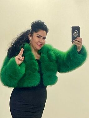 Cropped Green Faux Fur Teddy Jacket - Plush Women's Coat